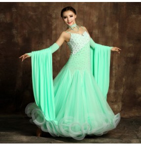 light green Mint colored sleeveless rhinestones women's high quality handmade long length standard full ballroom waltz tango dance dresses outfits